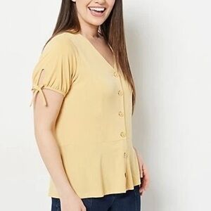 Susan Graver Women's Top Sz M Liquid Knit Button-Front Vintage Yellow A470166